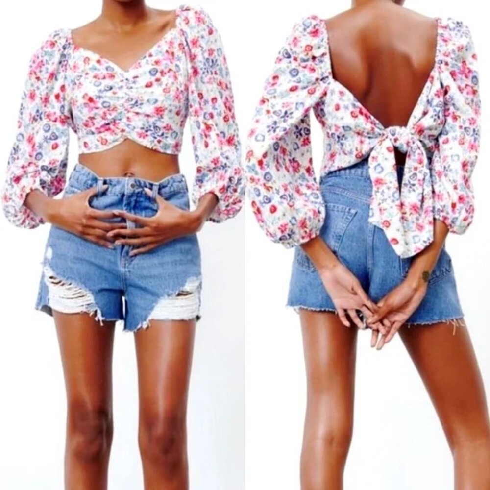 Zara White Colorful Floral Fairy Boho Smocked Tie Back Linen Blend Crop Top
